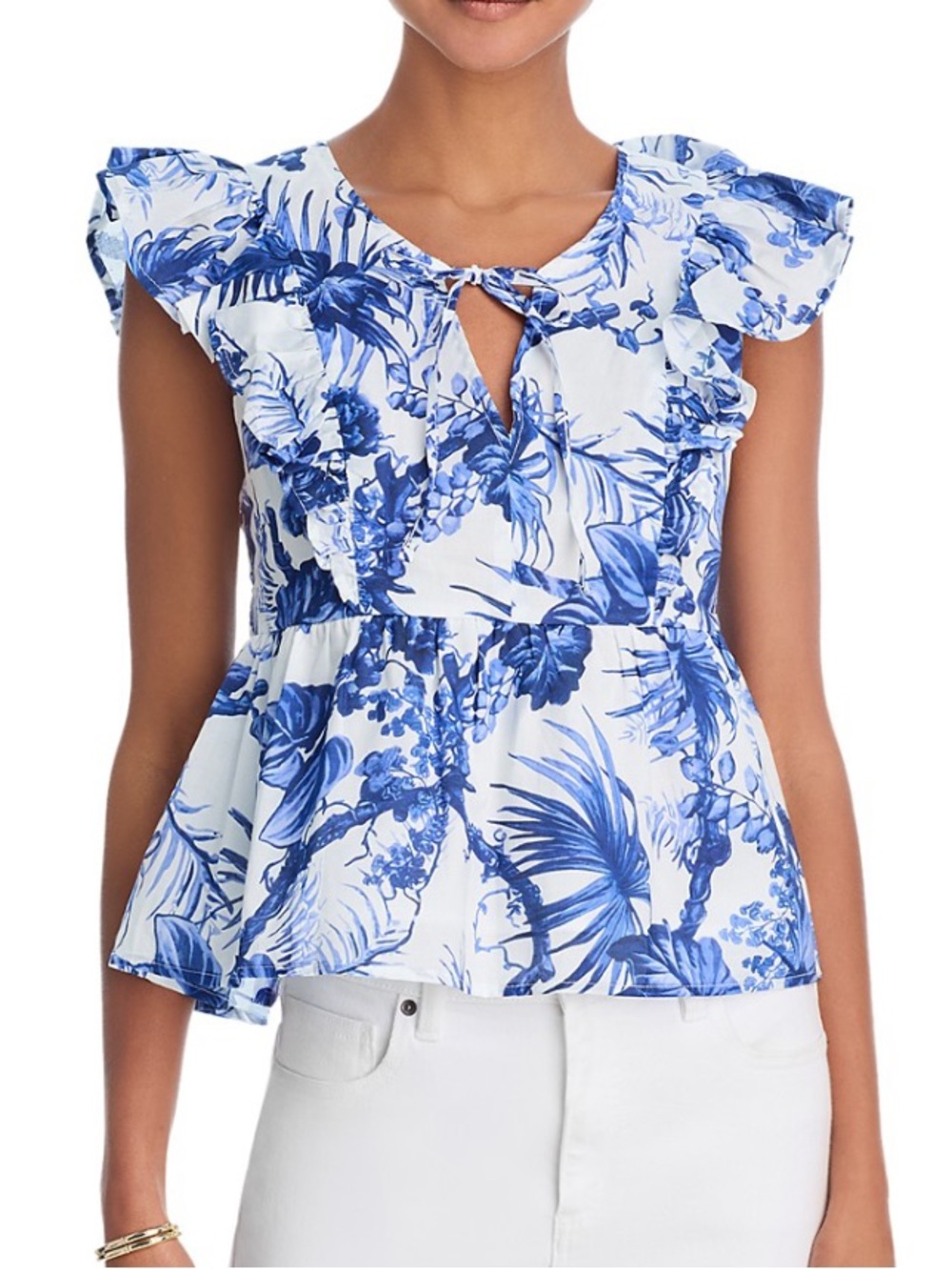 Aqua Blue White Floral Ruffle Peplum Top
